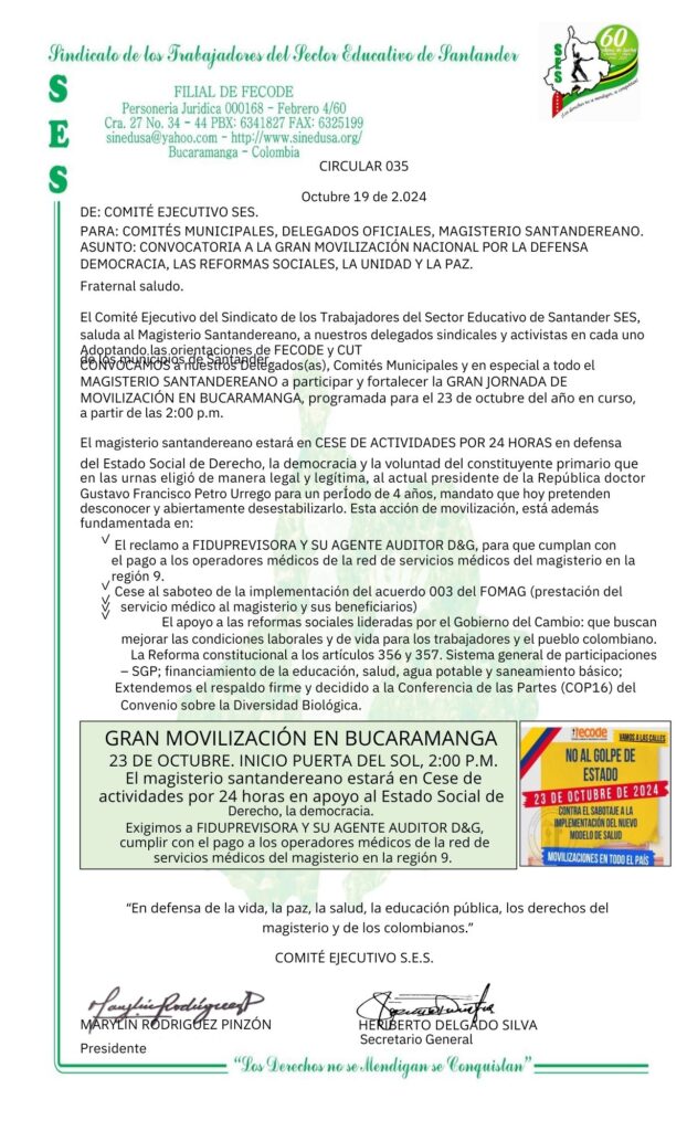 CONVOCATORIA A LA GRAN MOVILIZACIÓN NACIONAL POR LA DEFENSA 
DEMOCRACIA, LAS REFORMAS SOCIALES, LA UNIDAD Y LA PAZ