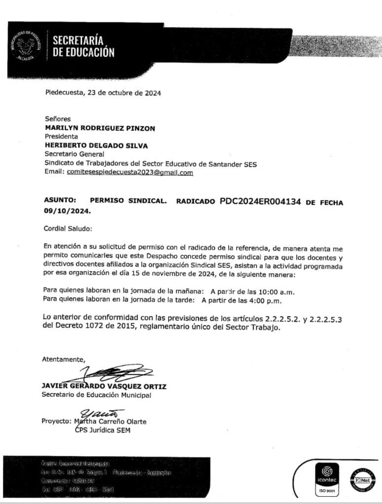 Permiso Sindical Piedecuesta