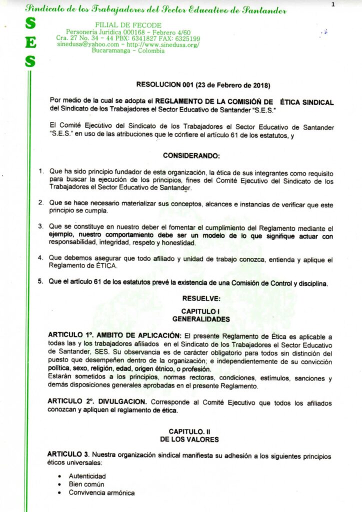 REGLAMENTO DE LA COMISIÓN DE ÉTICA SINDICAL
del Sindicato de los Trabajadores el Sector Educativo de Santander "S.E.S."