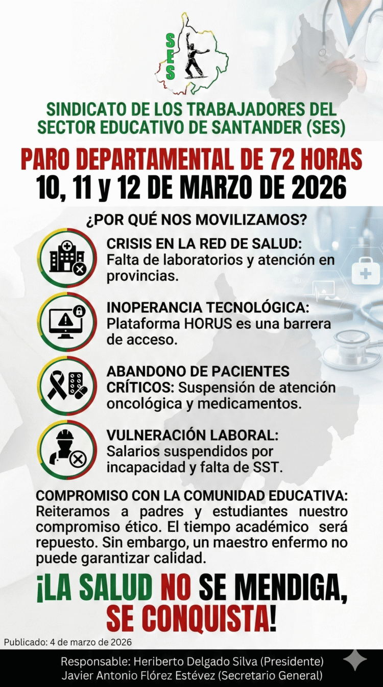 SES convoca a Paro Departamental de 72 horas (10-12 de marzo) en Santander por fallas graves en el servicio de salud y seguridad social del magisterio.