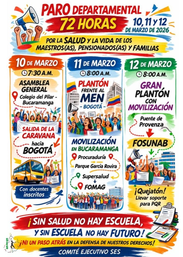 ¡Atención Magisterio! Inicia el Paro Departamental de 72 horas este 10 de marzo. Movilización total por la defensa de nuestra salud y vida.