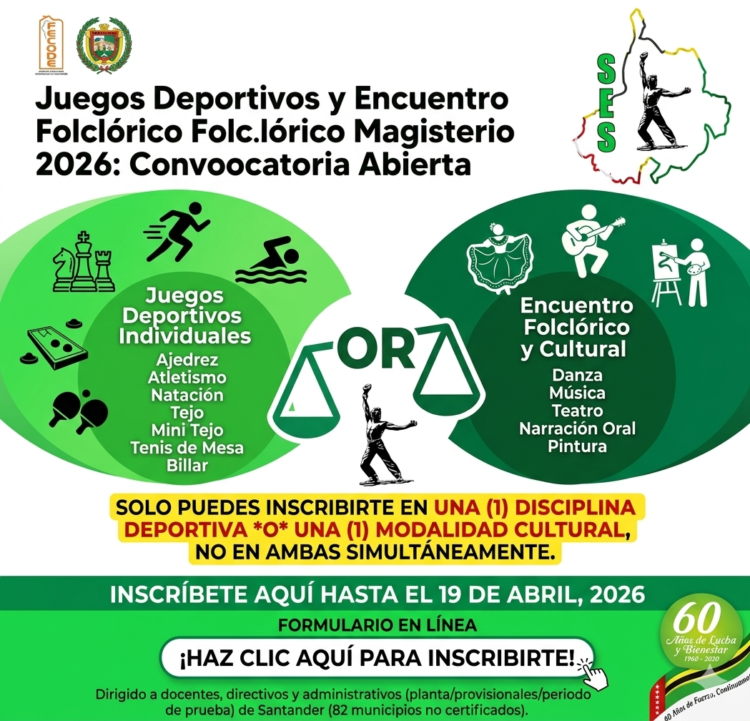 Juegos del Magisterio Santander, Encuentro Folclórico Docente, Circular 040 2026, Bienestar Laboral Santander.