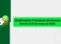 Banner informativo de la Circular 014 del SES, que anuncia la modificación transitoria de horarios de atención presencial en la oficina de Fiduprevisora - Fomag Bucaramanga del 26 al 29 de mayo de 2026.