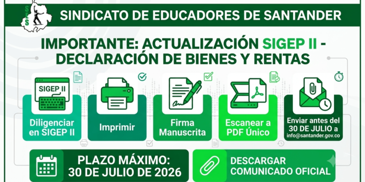 Docente de Santander: realiza tu Declaración de Bienes y Rentas en SIGEP II antes del 30 de julio de 2026. Conoce el paso a paso y el correo oficial de envío.