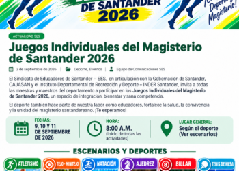 Juegos Individuales del Magisterio de Santander 2026, con actividades de atletismo, tejo, natación, ajedrez, billar y tenis de mesa.