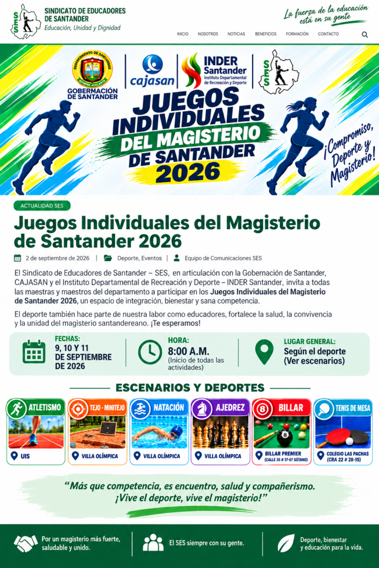 Juegos Individuales del Magisterio de Santander 2026, con actividades de atletismo, tejo, natación, ajedrez, billar y tenis de mesa.