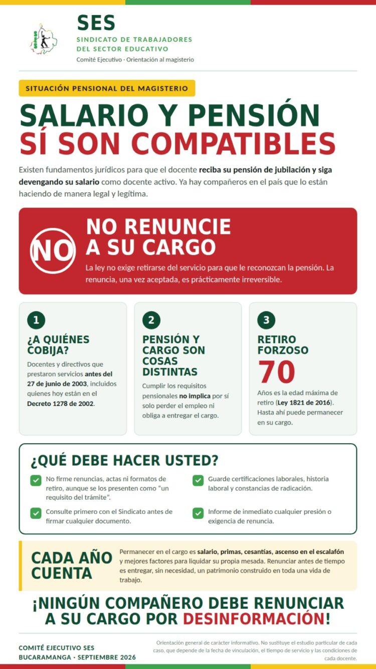 El SES orienta a docentes y directivos docentes sobre la compatibilidad entre salario y pensión y recomienda no renunciar al cargo por el reconocimiento pensional.